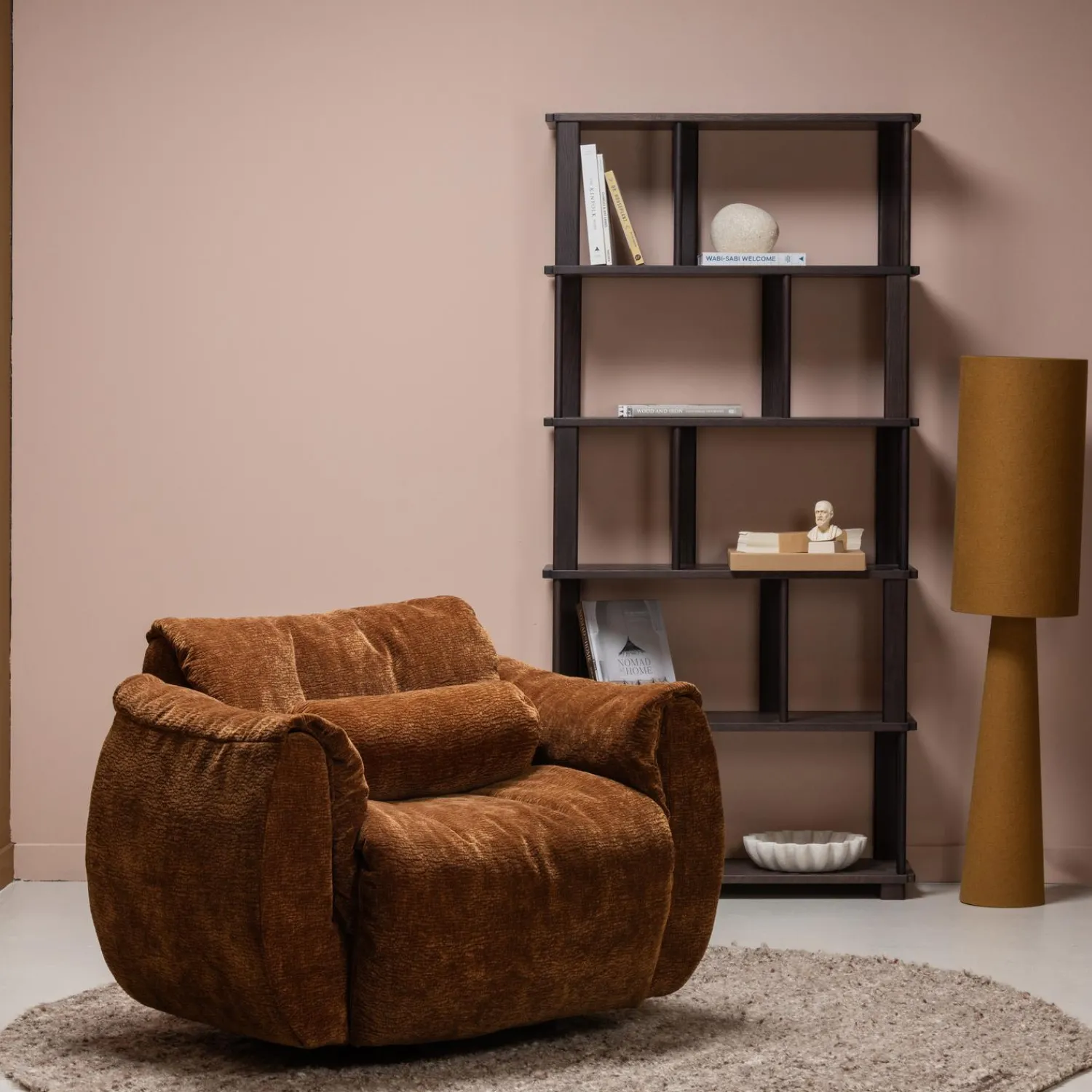 Best WOOOD Baggy draaifauteuil 3D chenille Middenbruin