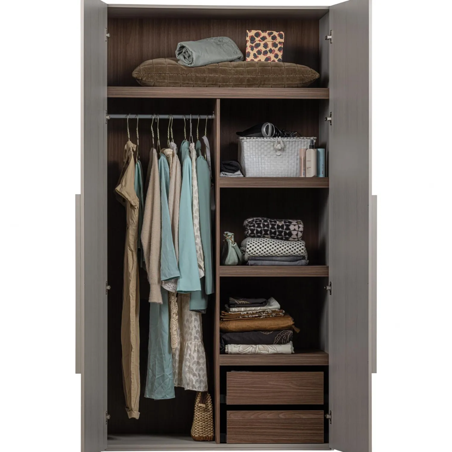 Clearance WOOOD Rens 2-deurs hang/legkast greep lang noten/pebble grey