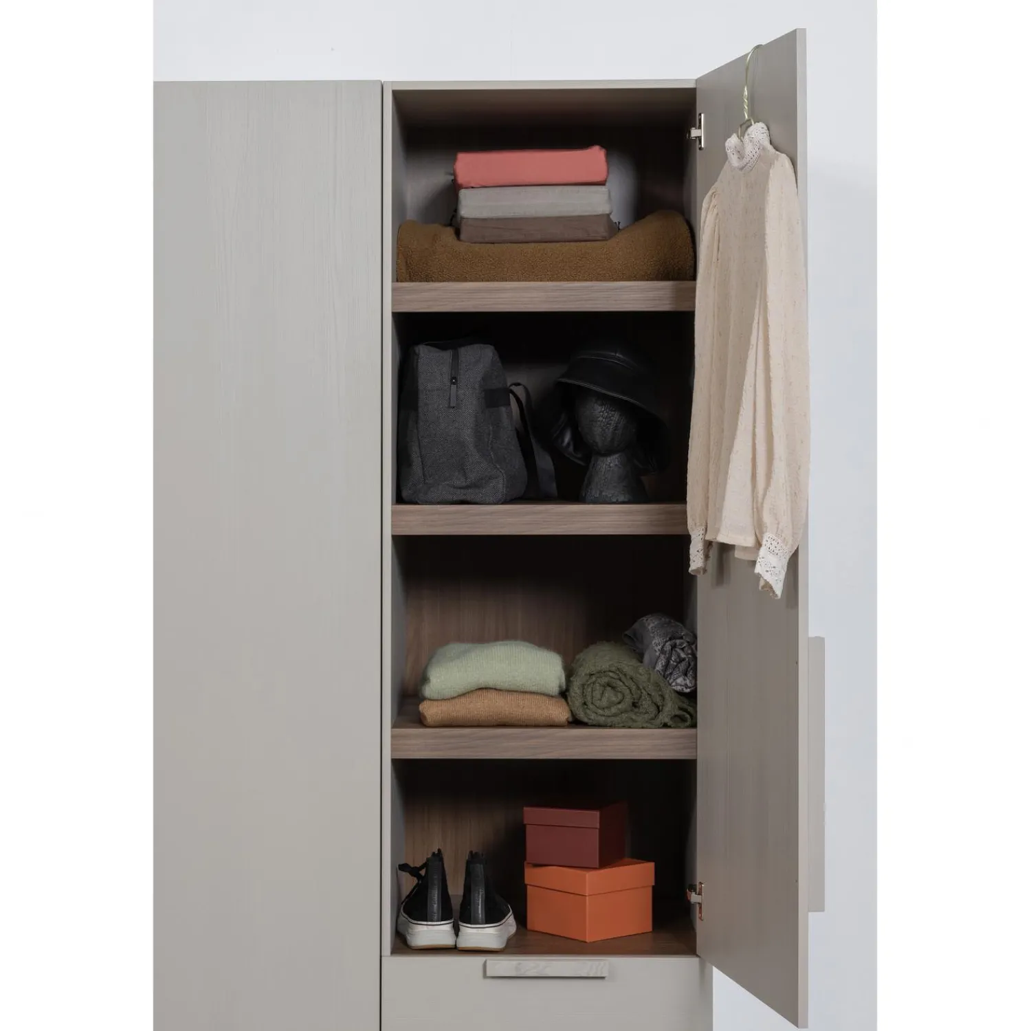 Discount WOOOD Rens 1-deurs legkast greep lang noten/pebble grey